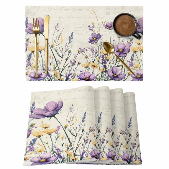 Spring Floral Placemats Set of 12, Purple Yellow Flower Leaves Retro Letter Texture Non-Slip Place Mats Washable Table Mats for Kitchen Dining Table Decorations Indoor/Outdoor