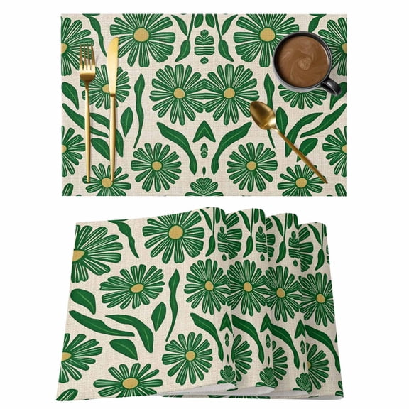 Spring Floral Placemats Set of 2, Watercolor Green Flower Grenn Leaf Plan Wood Grain Non-Slip Place Mats Washable Table Mats for Kitchen Dining Table Decorations Indoor/Outdoor
