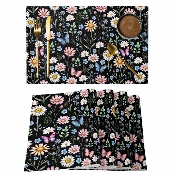 Spring Floral Placemats Set of 4, Elegant Pastoral Flowers Butterflies Black Placemats for Dining Table, Place Mats for Kitchen Tabletop, Waterproof Wipeable Dining Table Mats Set