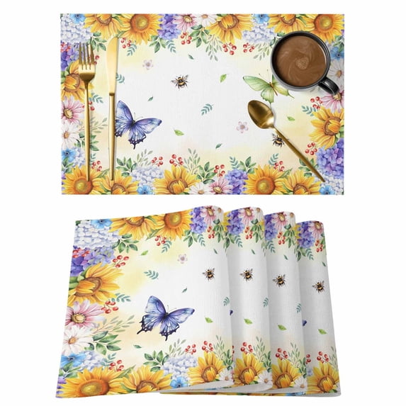 Spring Floral Placemats Set of 4, Hydrangea Sunflowers Butterflies Watercolor Placemats for Dining Table, Place Mats for Kitchen Tabletop, Waterproof Wipeable Dining Table Mats Set