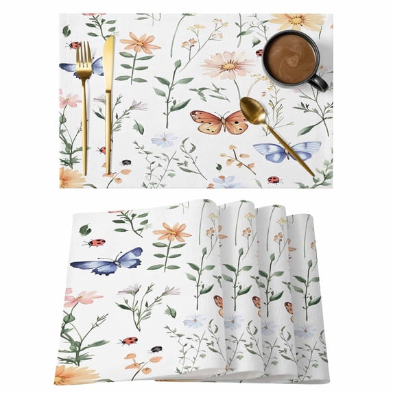 Spring Floral Placemats Set of 4, Rustic Butterfly Flower Country Plant Botanical Non-Slip Place Mats Washable Table Mats for Kitchen Dining Table Decorations Indoor/Outdoor
