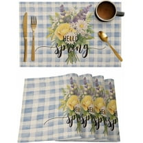 Spring Floral Placemats Set of 4, Washable Woven Burlap Cloth Fabric Placemat for Square/Rectangle/Round/Oval Dining Table, Easy Clean Place Mats for Toddlers, Kids Rose Daisy Wildflower Plaid Blue
