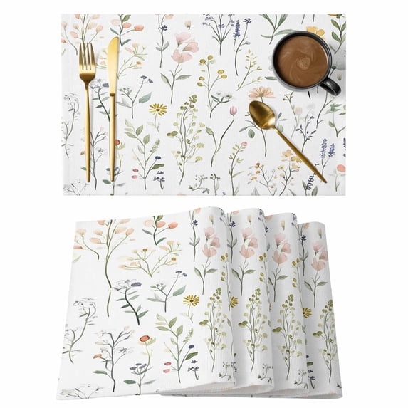 Spring Floral Placemats Set of 4, Watercolor Rustic Flower Leaf Plant Botanical Country Non-Slip Place Mats Washable Table Mats for Kitchen Dining Table Decorations Indoor/Outdoor