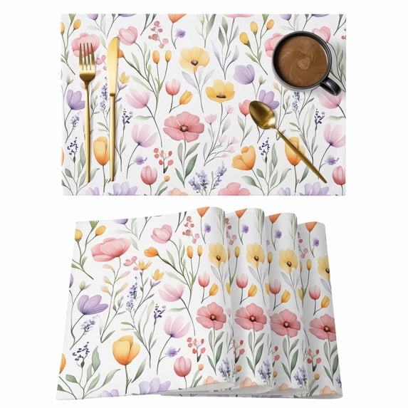 Spring Floral Placemats Set of 6, Colorful Flower Watercolor Leaves Farmhouse Field Non-Slip Place Mats Washable Table Mats for Kitchen Dining Table Decorations Indoor/Outdoor