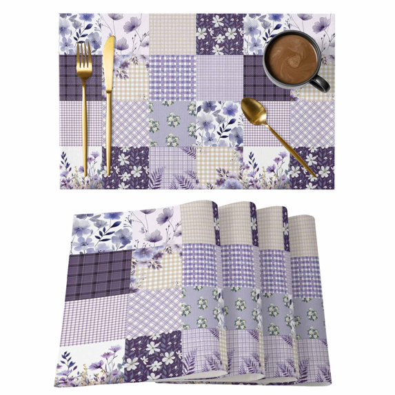 Spring Floral Placemats Set of 6, Dark Purple Flowers Patchwork Grid Bohemia Placemats for Dining Table, Place Mats for Kitchen Tabletop, Waterproof Wipeable Dining Table Mats Set
