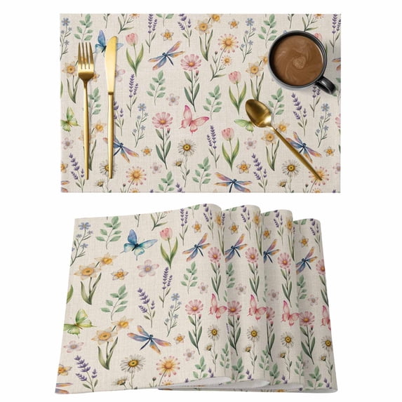 Spring Floral Placemats Set of 6, Elegant Pastoral Flowers Dragonfly Rustic Placemats for Dining Table, Place Mats for Kitchen Tabletop, Waterproof Wipeable Dining Table Mats Set