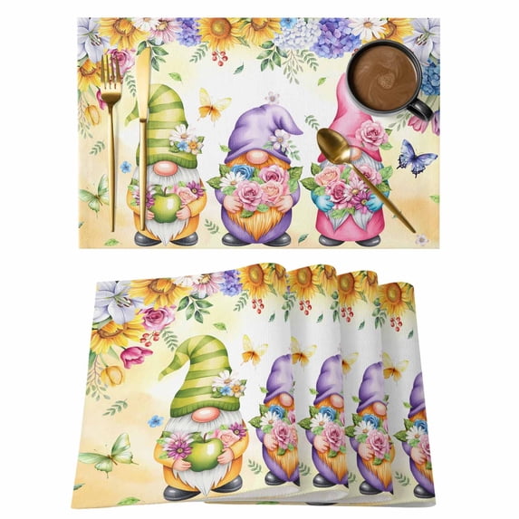 Spring Floral Placemats Set of 6, Watercolor Gnomes Flowers Butterflies Yellow Placemats for Dining Table, Place Mats for Kitchen Tabletop, Waterproof Wipeable Dining Table Mats Set