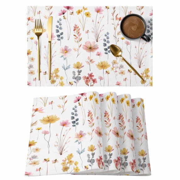 Spring Floral Placemats Set of 6, Watercolor Wildflower Field Rustic Eucalyptus Leaves Non-Slip Place Mats Washable Table Mats for Kitchen Dining Table Decorations Indoor/Outdoor