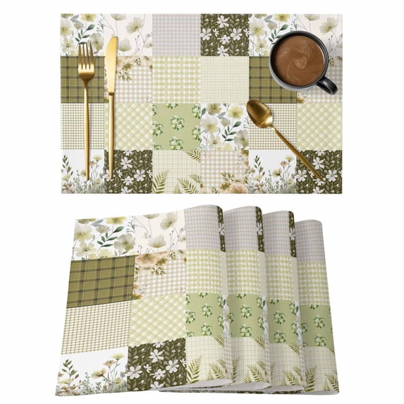 Spring Floral Placemats Set of 6, Yellow Flowers Botanical Patchwork Grid Bohemia Placemats for Dining Table, Place Mats for Kitchen Tabletop, Waterproof Wipeable Dining Table Mats Set