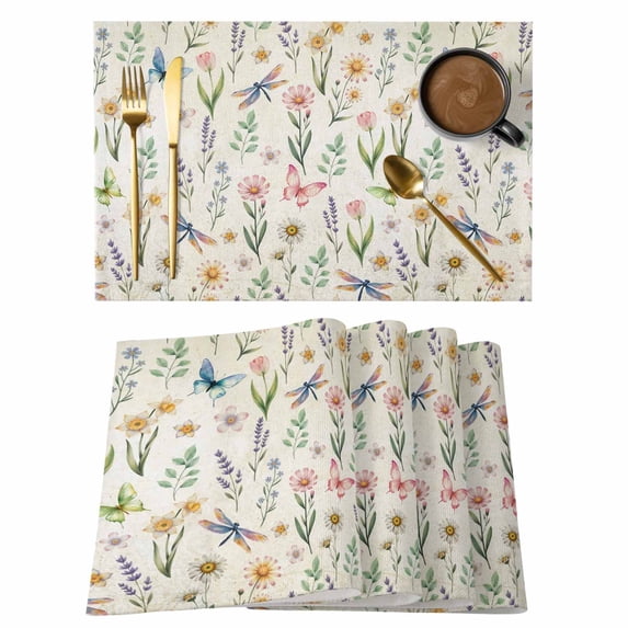 Spring Floral Placemats Set of 8, Elegant Pastoral Flowers Dragonfly Retro Placemats for Dining Table, Place Mats for Kitchen Tabletop, Waterproof Wipeable Dining Table Mats Set