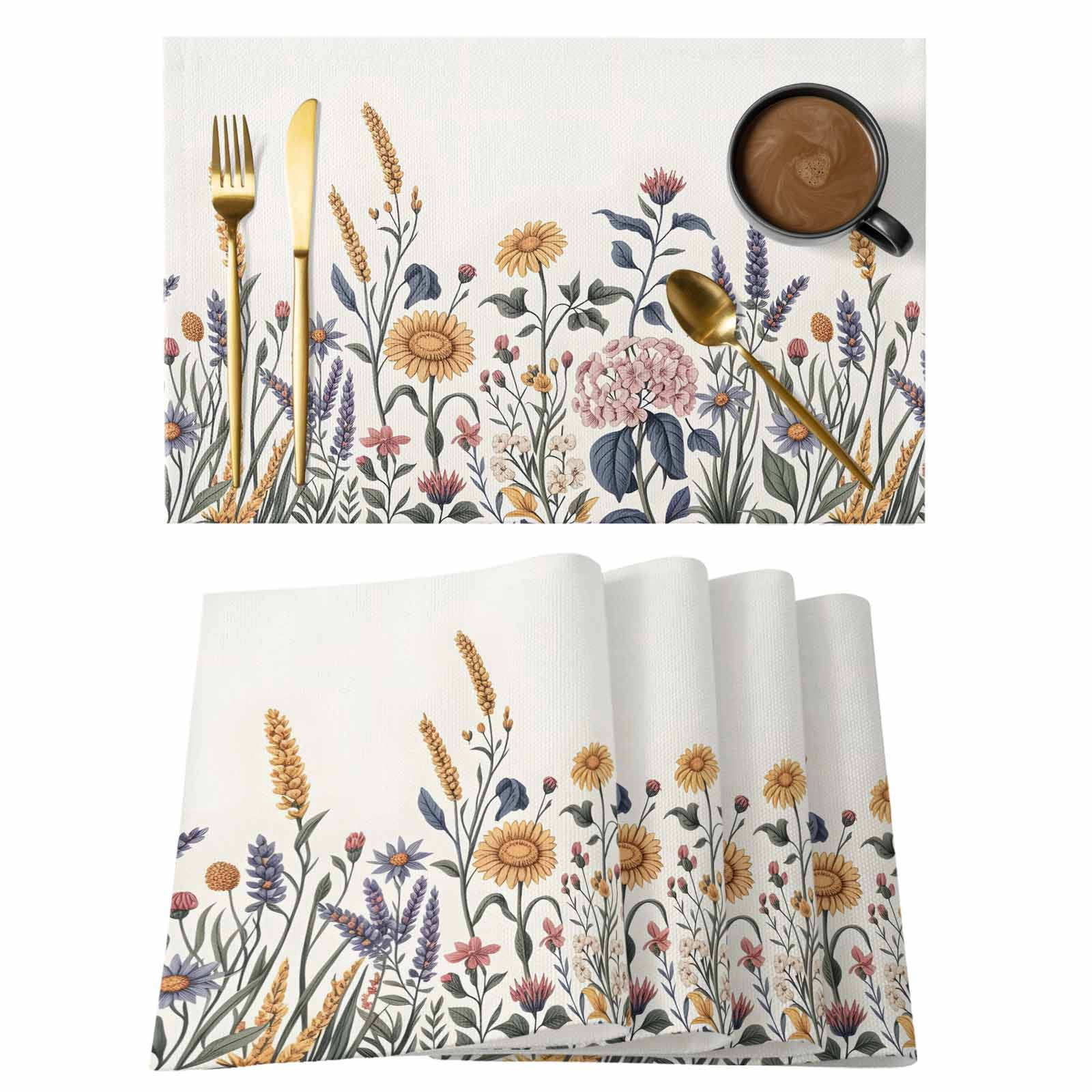Spring Floral Placemats Set of 8, Farmhouse Flowers Elegant Pastoral ...