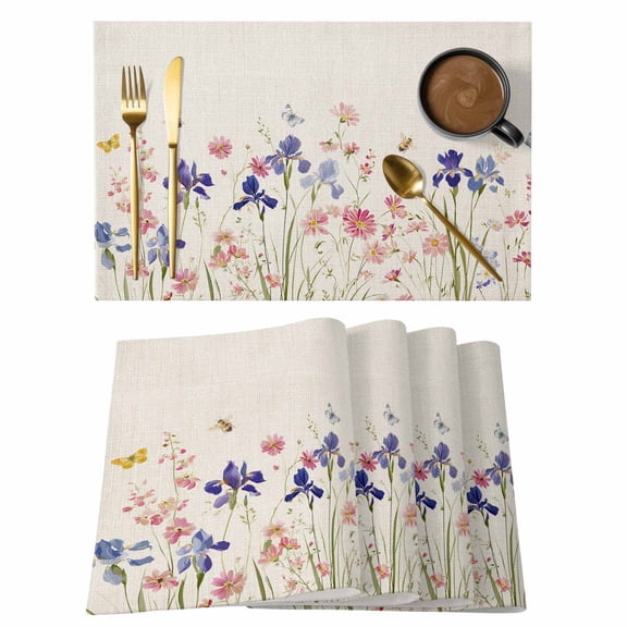 Spring Floral Placemats Set of 8 Farmhouse Summer Botanical Flowers Place Mats Indoor Wipeable Table Mats Washable Cloth Dining Table Placemats for Kitchen Holiday Party Home Decor 13x19 Inch