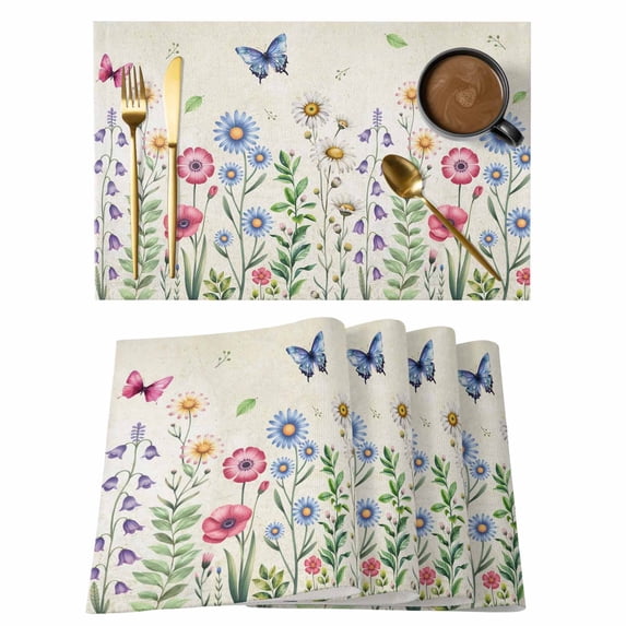 Spring Floral Placemats Set of 8, Pink Blue Flowers Butterfly Farmhouse Placemats for Dining Table, Place Mats for Kitchen Tabletop, Waterproof Wipeable Dining Table Mats Set