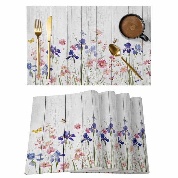 Spring Floral Placemats Set of 8 Summer Botanical Flowers Vintage Place Mats Indoor Wipeable Table Mats Washable Cloth Dining Table Placemats for Kitchen Holiday Party Home Decor 13x19 Inch