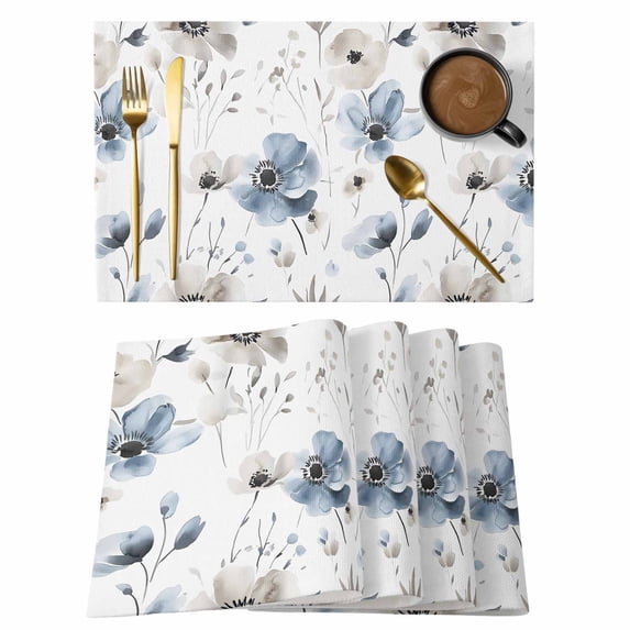 Spring Floral Placemats Set of 8, Watercolor Grey Blue Flower Leaves Non-Slip Place Mats Washable Table Mats for Kitchen Dining Table Decorations Indoor/Outdoor