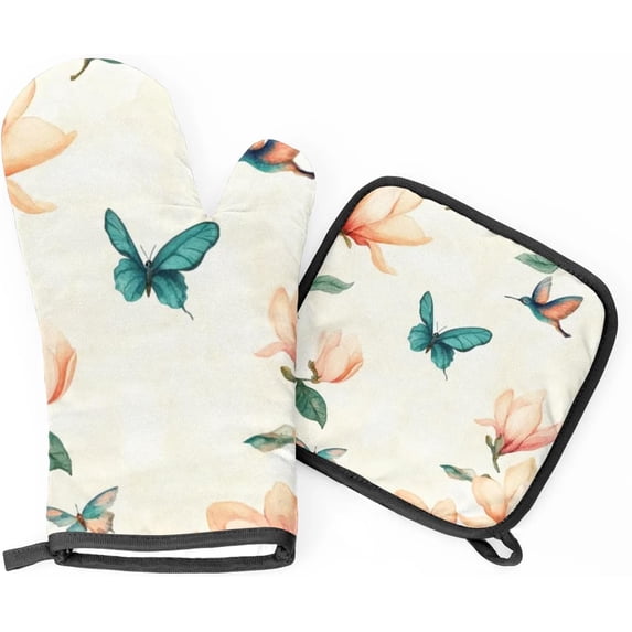 Spring Floral Plant Butterfly Oven Mitts and Pot Holders Set of 2, Heat Resistant Oven Mitts Kitchen Oven Glove for Cooking, Baking