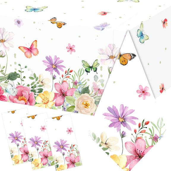 Spring Floral Plastic Tablecloth 3-Pack, Butterfly & Flowers Design Rectangular Table Cover For Birthday Baby Shower Party Supplies