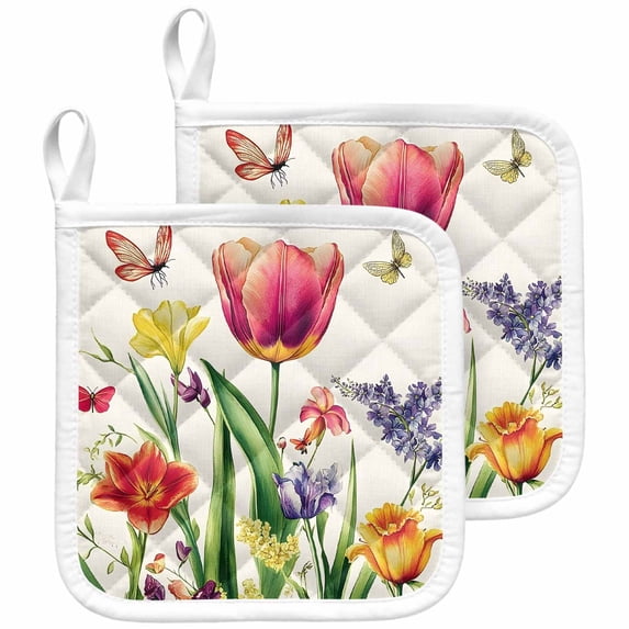 Spring Floral Pot Holders for Kitchen Heatproof Potholder, 2 Pack Rustic Tulip Butterfly Botanical Summer Hot Pads Multipurpose Oven Pads Cloth Potholders Trivet for Cooking and Baking