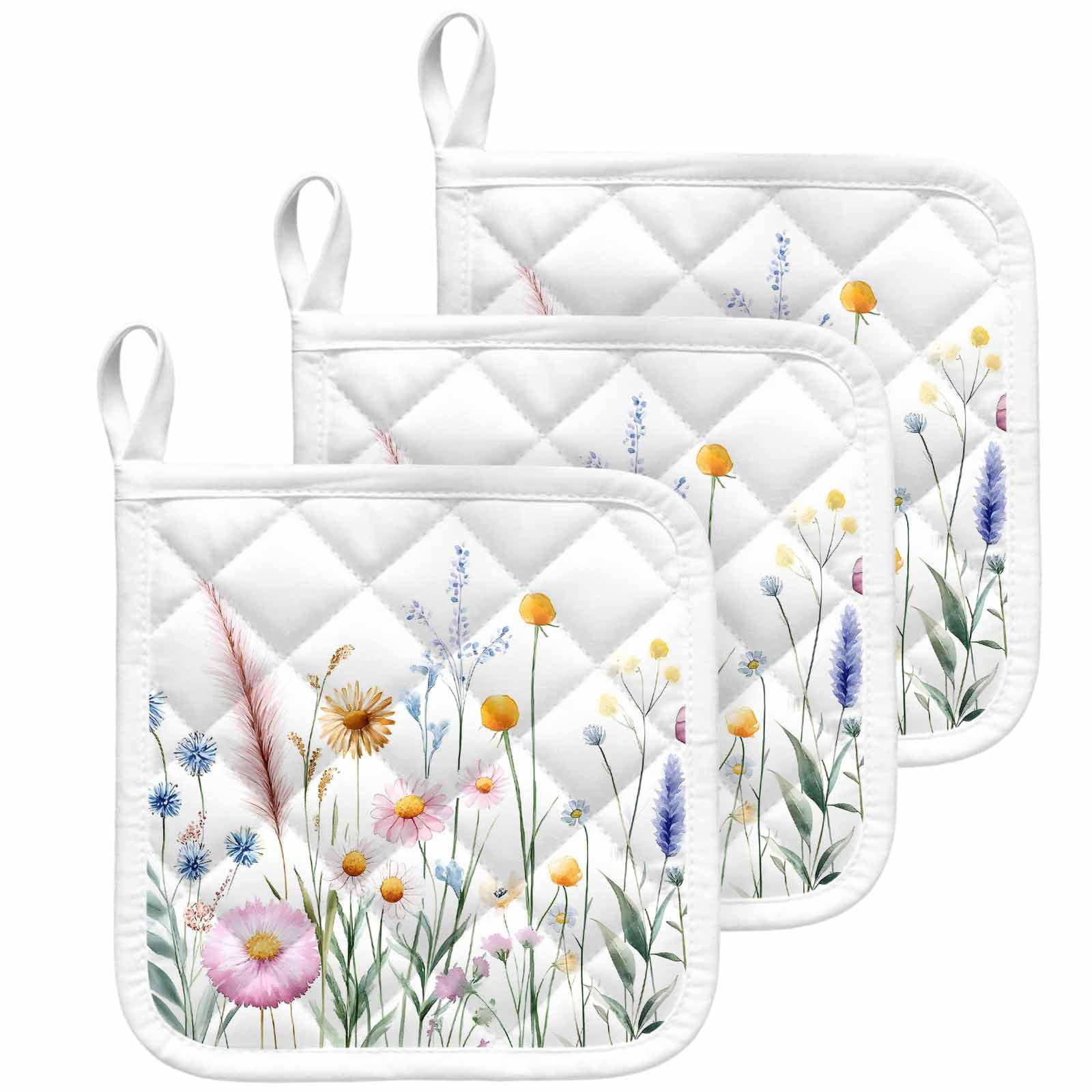 Spring Floral Pot Holders for Kitchen Heatproof Potholder, 3 Pack Vintage Summer Flower Botanical Hot Pads Multipurpose Oven Pads Cloth Potholders Trivet for Cooking Baking