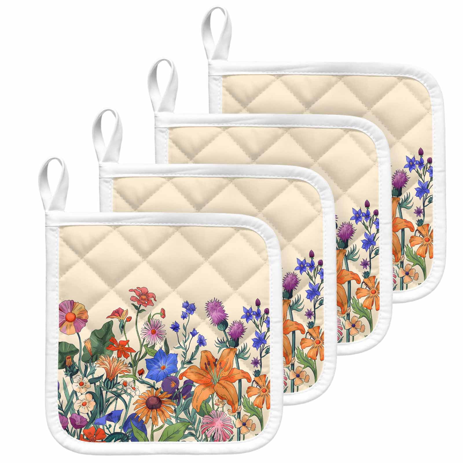 Spring Floral Pot Holders for Kitchen Heatproof Potholder, 4 Pack Purple Yellow Flower Farmhouse Hot Pads Multipurpose Oven Pads Cloth Potholders Trivet for Cooking and Baking