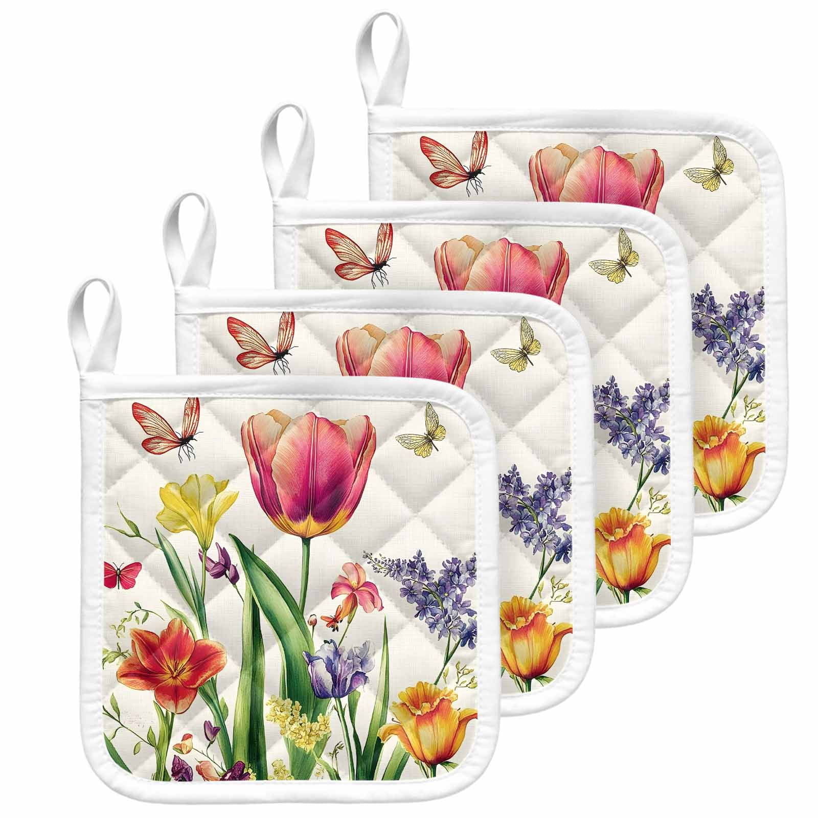 Spring Floral Pot Holders for Kitchen Heatproof Potholder, 4 Pack Rustic Tulip Butterfly Botanical Summer Hot Pads Multipurpose Oven Pads Cloth Potholders Trivet for Cooking and Baking