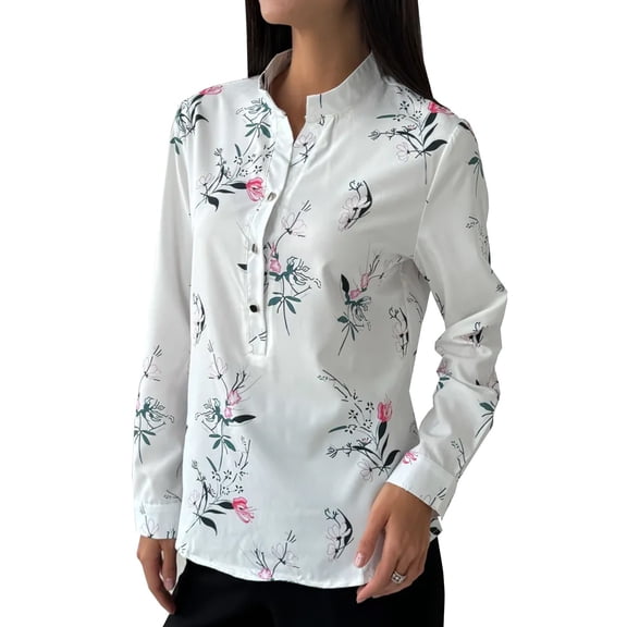 Spring Floral Print V-Neck Shirt for Women, Long Sleeve Button-Up Casual Blouse with Lightweight Fabric, Versatile Layering Top for Seasonal Transition,White 3XL