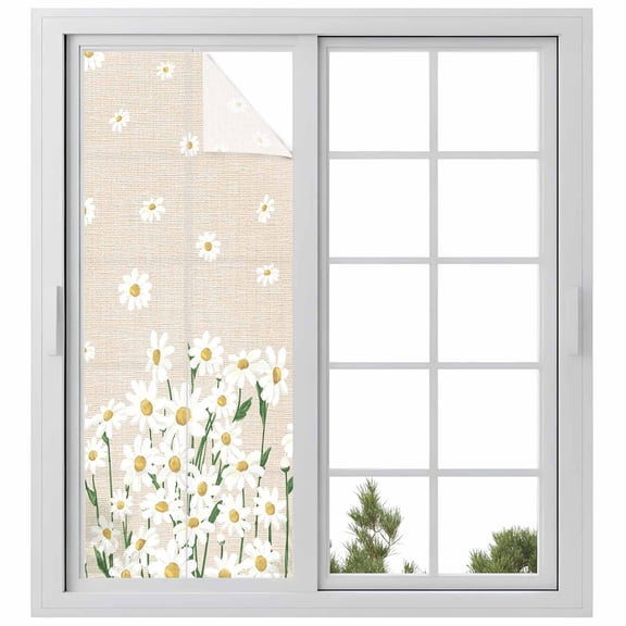 Spring Floral Privacy Window Film, Decorative Frosted Glass Window Film, White Daisy Farmhouse Linen Texture Reusable Peel and Stick Static Cling for Home Bathroom Office Glass Door 23.6"x59"