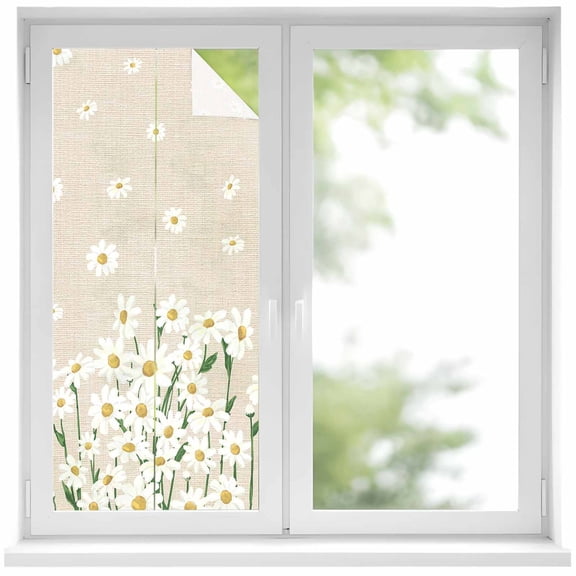 Spring Floral Privacy Window Film, Decorative Frosted Glass Window Film, White Daisy Farmhouse Linen Texture Reusable Peel and Stick Static Cling for Home Bathroom Office Glass Door 17.7"x39.3"