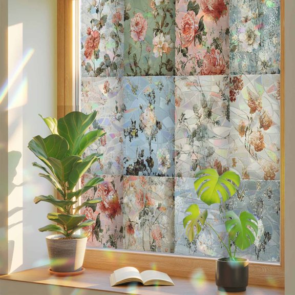 Spring Floral Privacy Window Film,Decorative Stained Glass Window Film,Elegant Checkered Summer Botanical Farmhouse Resuable Rainbow Static Cling for Home Bathroom Living Room Glass Door 17.7"x39.3"