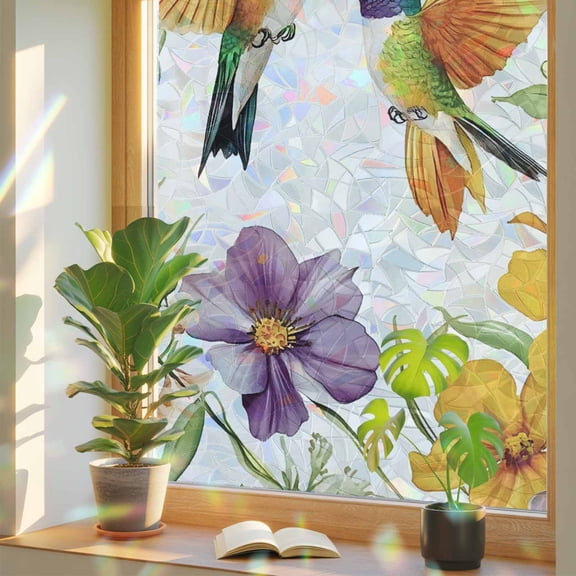 Spring Floral Privacy Window Film, Decorative Stained Glass Window Film, Summer Botanical Birds Colorful Resuable Rainbow Static Cling for Home Bathroom Living Room Glass Door 19.6"x39.3"