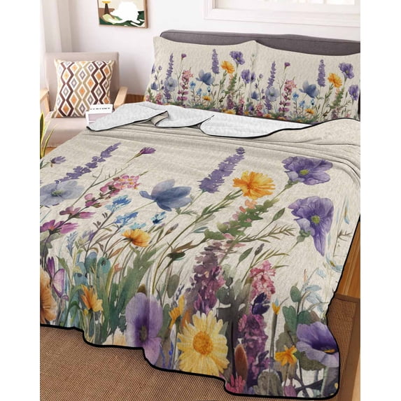 Spring Floral Queen Size Down Alternative Comforter, Lightweight Comforter Quilt Bedding Set with Pillow Shams Purple Flowers Summer Botanical Rustic All Seasons Bed Comforter Duvet Insert 90"x96"