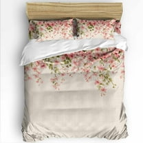 Spring Floral Queen Size Comforter Set, Pink Flowers Green Leaves Linen Texture Soft Bedding for All Seasons, 4 Pcs Bed Set with 1Comforter (90"x92") ,1 Sheet(94"x116"), 2 Pillowcases (19"x29")