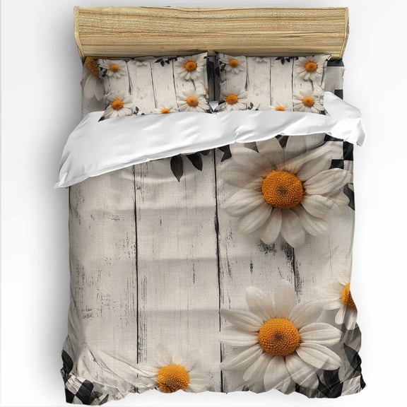 Spring Floral Queen Size Comforter Set, White Flowers Idyllic Wood Grain Soft Bedding for All Seasons, 4 Pcs Bed Set with 1Comforter (90"x92") ,1 Sheet(94"x116"), 2 Pillowcases (19"x29")