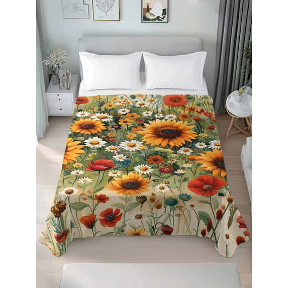 Spring Floral Queen Size Flat Sheet, Wrinkleproof & Fadeproof Cooling Flat Bed Sheet Only, Summer Sunflower Botanical Vintage Breathable Soft Bedding Top Sheets 90 x 102 Inches