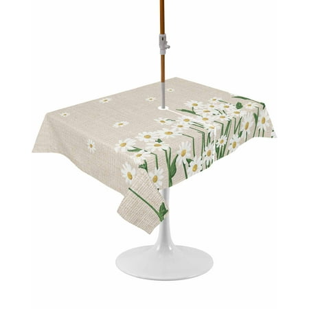 Spring Floral Rectangle Outdoor Tablecloth, Waterproof Table Cloth Cover with Umbrella Hole and Zipper, White Daisy Farmhouse Linen Texture Table Protector for Patio Party Picnic 60"x84"