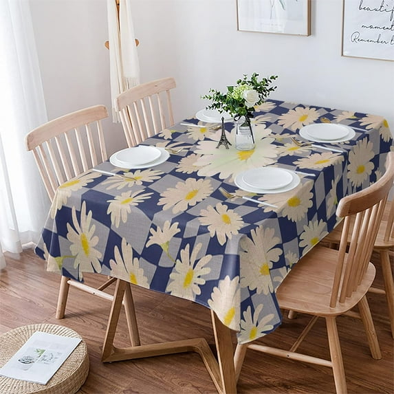 Spring Floral Rectangle/Square/Round Waterproof Tablecloths 60x102 inch Summer Daisy Botanical Rustic Blue Checkered Polyester Table Cloth Table Cover Tabletop for Wedding Party Dinner