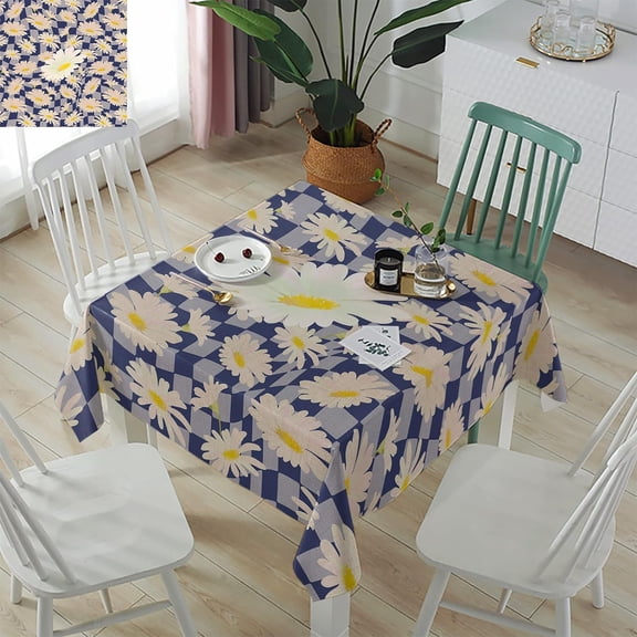 Spring Floral Rectangle/Square/Round Waterproof Tablecloths 60x60 inch Summer Daisy Botanical Rustic Blue Checkered Polyester Table Cloth Table Cover Tabletop for Wedding Party Dinner