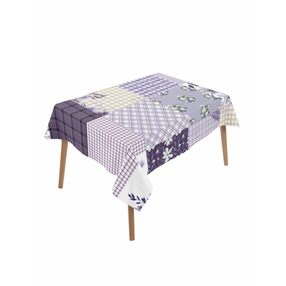 Spring Floral Rectangle Tablecloth, Dark Purple Flowers Patchwork Grid Bohemia Waterproof & StainResistant Tablecloth, Washable Oil-proof Table Cover for Dining/Party/Wedding/Camping/Buffet 52x70 In