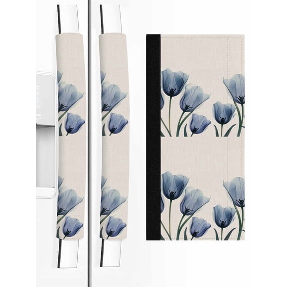 Spring Floral Refrigerator Door Handle Covers Set of 2, Blue Tulip Summer Botanical Rustic Kitchen Fridge Microwave Oven Dishwasher Stove Cabinet Handle Protectors, Washable Appliance Decor