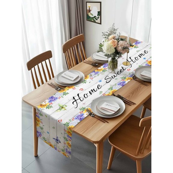 Spring Floral Retro White Plank Table Runner 90 Inches Long, Sweet Home Quote Table Runners Tabletop Scarf Kitchen Dining Tables Decoration for Home Party Indoor Outdoor