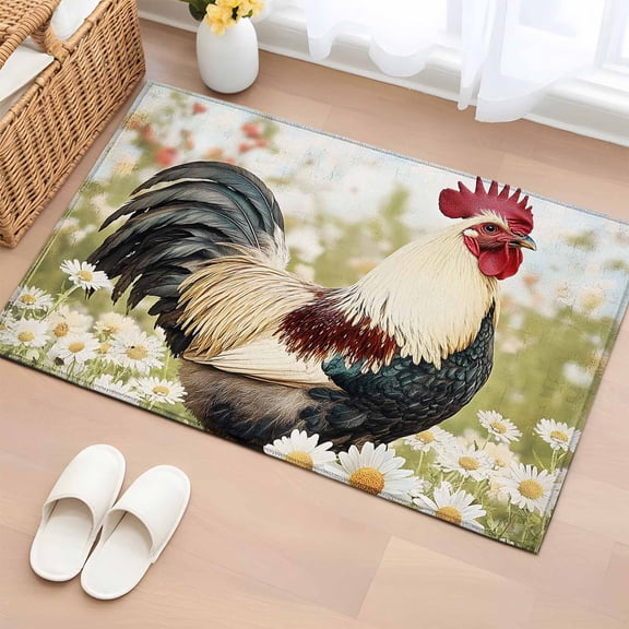 Spring Floral Rooster Bathroom Rug Washable 2x3 Entryway Rug Non Slip Vintage Rooster Pastoral Front Door Mat Low Pile Indoor Doormat Throw Floor Carpet for Kitchen Bedroom Entrance