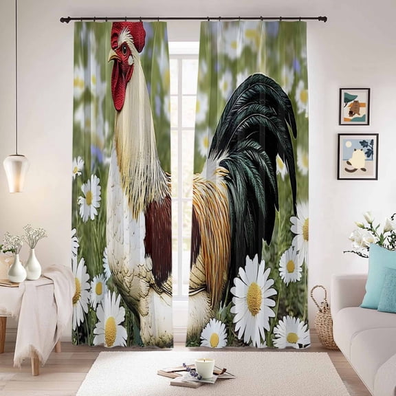 Spring Floral Rooster Blackout Curtains for Bedroom/Living Room, Pinch Pleated Black Out Curtains, Retro Rooster Pastoral Room Darkening Window Drapes with Hooks 2 Panels, 39"x70"