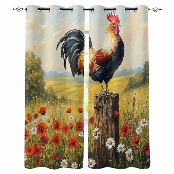 Spring Floral Rooster Kitchen Curtains Farmhouse Vintage Rooster Cafe Short Curtains for Bathroom Blackout Window Curtain Grommet Small Window Treatment Drapes for Bedroom Living Room 27.5"x39"x2