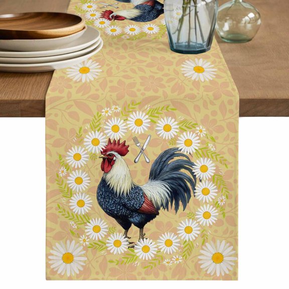 Spring Floral Rooster Table Runner, Farmhouse Flowers Elegant Botanical Washable Cotton Linen Table Runners 48 Inches Long, Dresser Scarf Runner for Nightstand/Coffee/End Tables 13''x48''