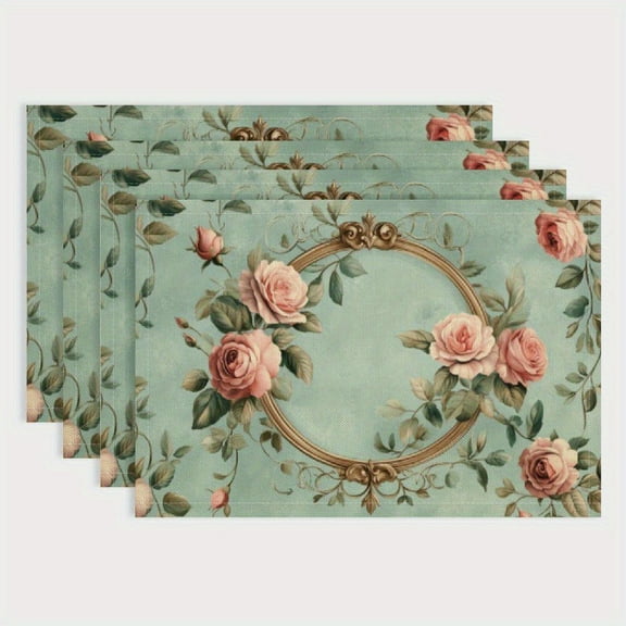 Spring Floral Rose Placemats, Green Vintage Botanical Place mats for Dining Table, Non-Slip Washable Indoor Outdoor Party Decorative Placemat Set of 4