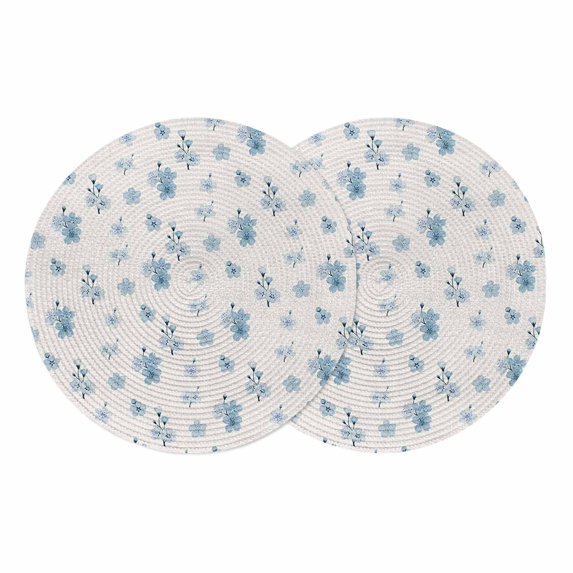 Spring Floral Round 13 Inch Placemats Set of 2, Blue Cherry Flowers Blossoms Beige HeatResistant Non Slip Place Mats for Dining Table, Wipeable Braided Kitchen Table Mats for Housewarming