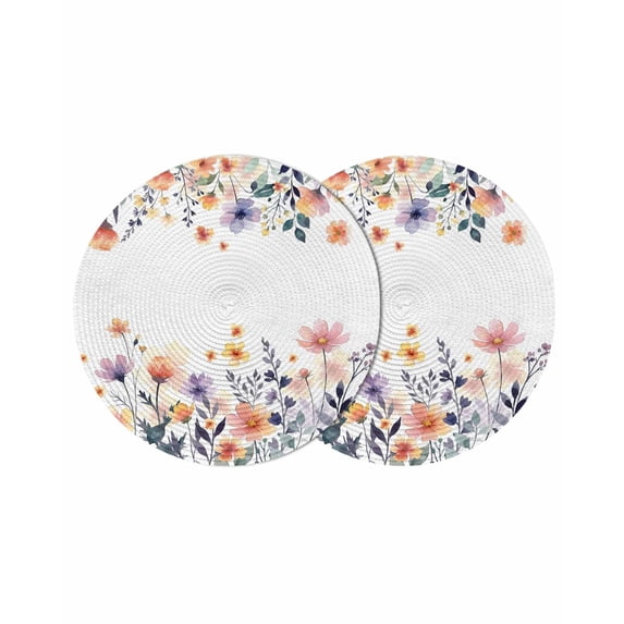 Spring Floral Round 13 Inch Placemats Set of 2, Elegant Flowers Farmhouse Botanical HeatResistant Non Slip Place Mats for Dining Table, Wipeable Braided Kitchen Table Mats for Housewarming