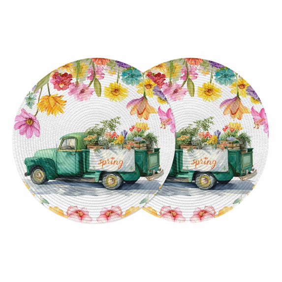Spring Floral Round 13 Inch Placemats Set of 2, Farmhouse Truck Retro Flowers Oil Painting HeatResistant Non Slip Place Mats for Dining Table, Wipeable Braided Kitchen Table Mats for Housewarming