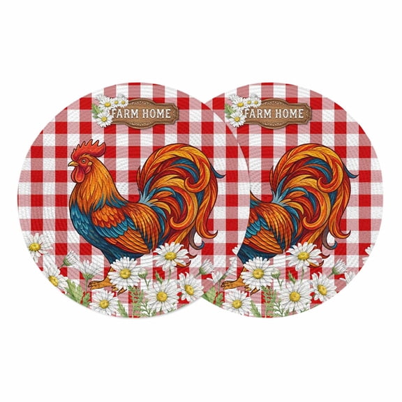 Spring Floral Round 13 Inch Placemats Set of 2, Red Checkered Rooster Farmhouse Art HeatResistant Non Slip Place Mats for Dining Table, Wipeable Braided Kitchen Table Mats for Housewarming