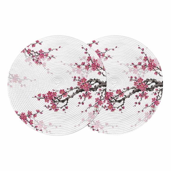 Spring Floral Round 13 Inch Placemats Set of 2, Red Cherry Flowers Branches Oil Painting Art HeatResistant Non Slip Place Mats for Dining Table, Wipeable Braided Kitchen Table Mats for Housewarming